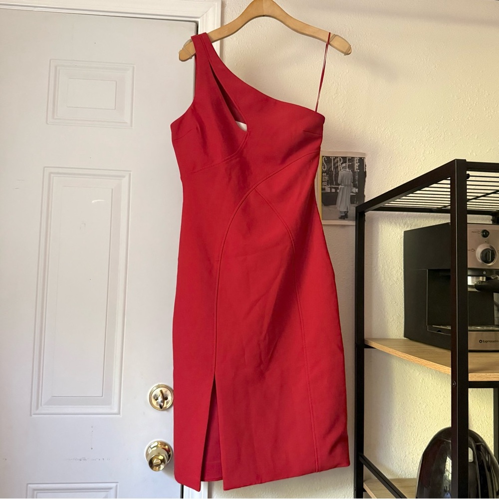 NWT CINQ A SEPT red Gianna gown one shoulder cutout mini dress